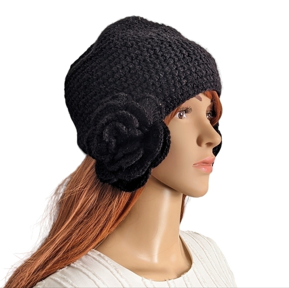 Handmade Beautiful black Crochet Knit hat side flowers